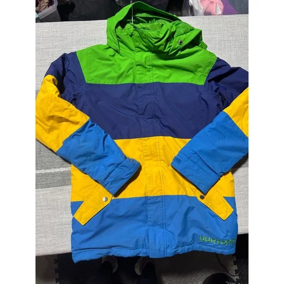 Kids Burton Snowboard Jacket Size L Colorblock Green Blue Yellow Navy Hooded ski - Picture 1 of 7